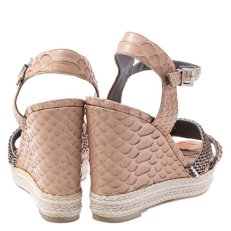 Pre Owned Gina Beige Python Leather Crystal Embellished Wedge Platform Sandals Size 38.5