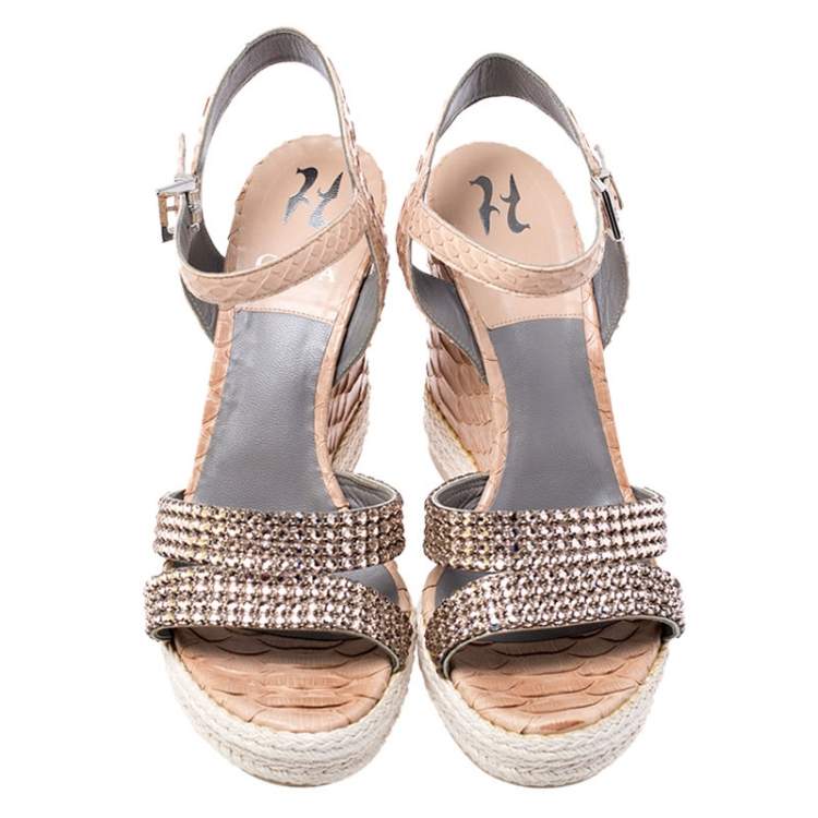 Pre Owned Gina Beige Python Leather Crystal Embellished Wedge Platform Sandals Size 38.5