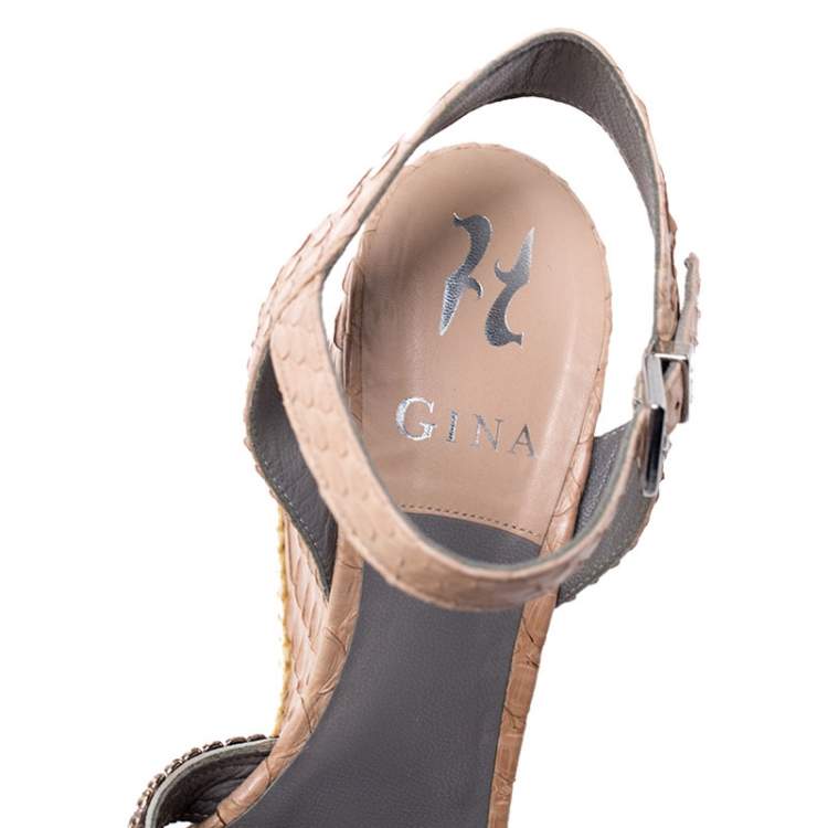 Pre Owned Gina Beige Python Leather Crystal Embellished Wedge Platform Sandals Size 38.5