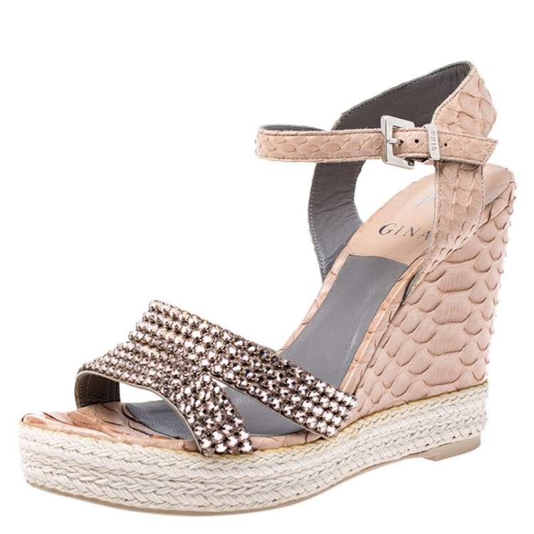 Pre Owned Gina Beige Python Leather Crystal Embellished Wedge Platform Sandals Size 38.5