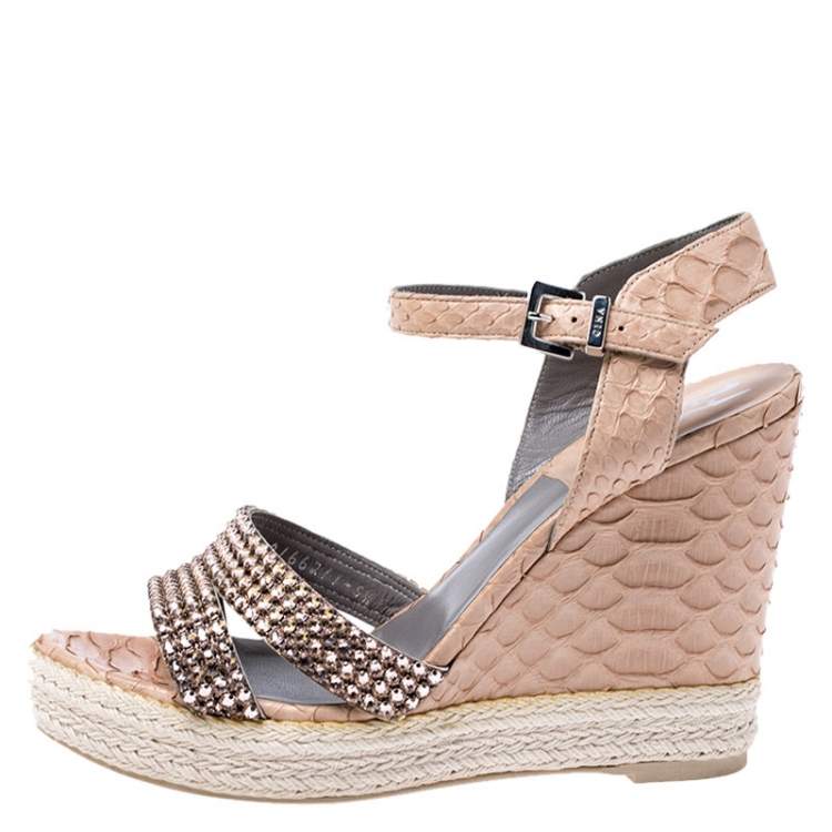 Pre Owned Gina Beige Python Leather Crystal Embellished Wedge Platform Sandals Size 38.5