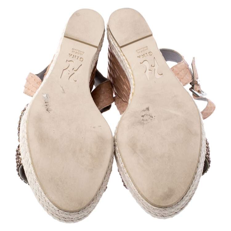 Pre Owned Gina Beige Python Leather Crystal Embellished Wedge Platform Sandals Size 38.5