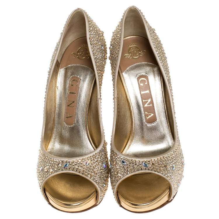 Pre Owned  Gina Beige Satin Crystal Embellished Peep Toe Platform Pumps Size 37.5