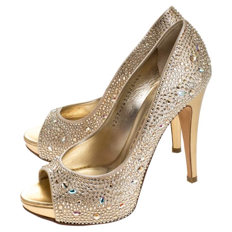 Pre Owned  Gina Beige Satin Crystal Embellished Peep Toe Platform Pumps Size 37.5