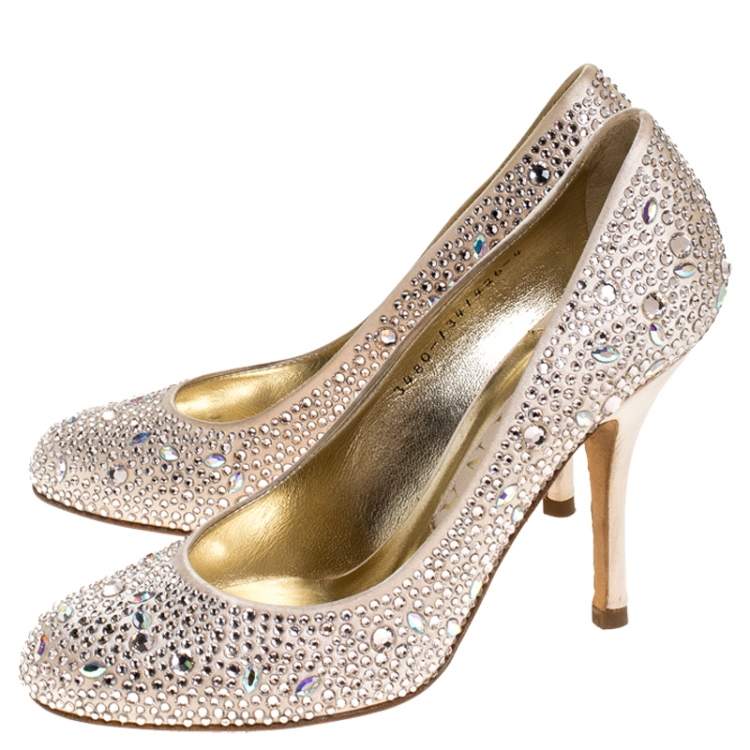 Pre Owned Gina Beige Crystal Embellished Satin Pumps Size 37