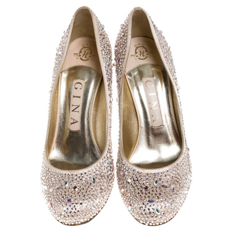 Pre Owned Gina Beige Crystal Embellished Satin Pumps Size 37