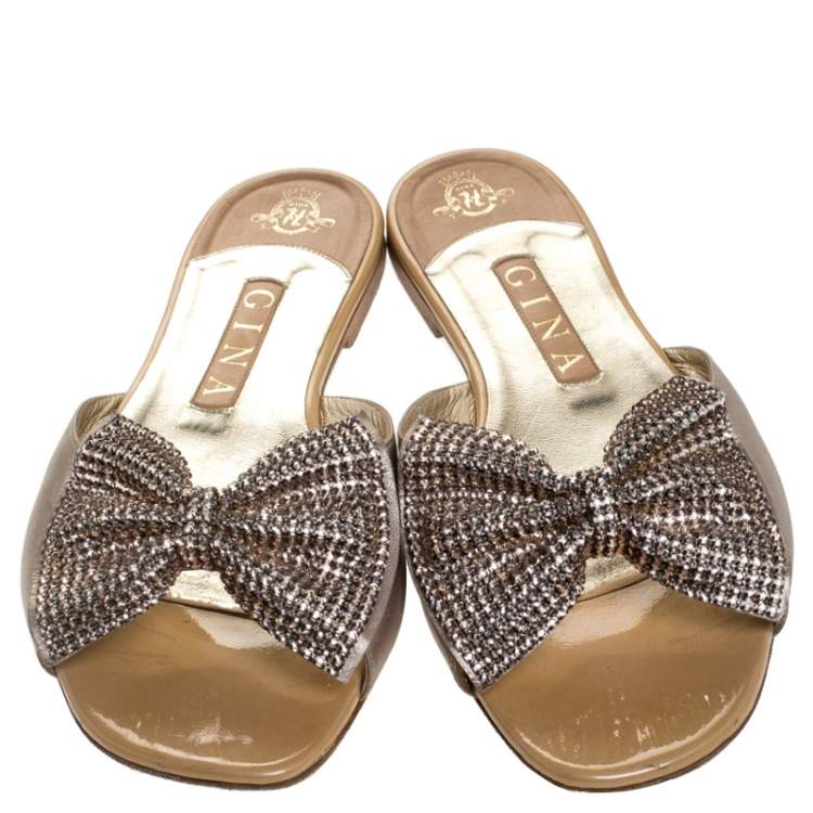 Pre Owned Gina Beige Leather Crystal Embellished Bow Slip On Slides Size 39