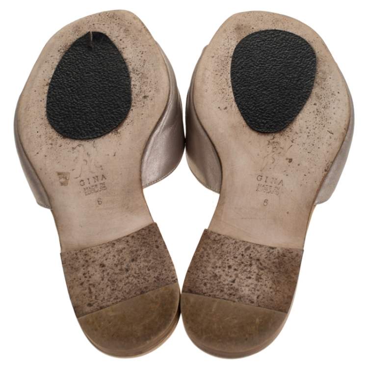 Pre Owned Gina Beige Leather Crystal Embellished Bow Slip On Slides Size 39