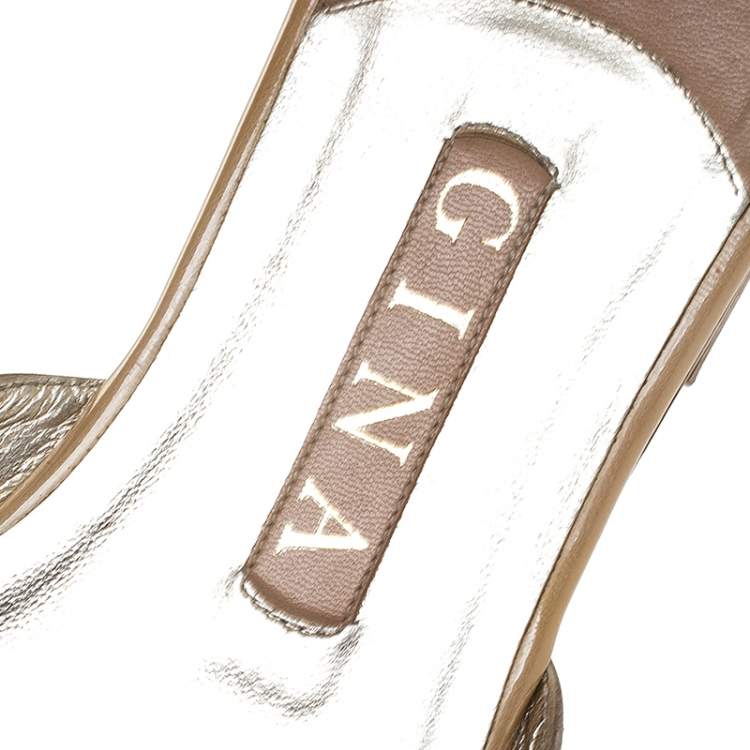 Pre Owned Gina Beige Leather Crystal Embellished Bow Slip On Slides Size 39