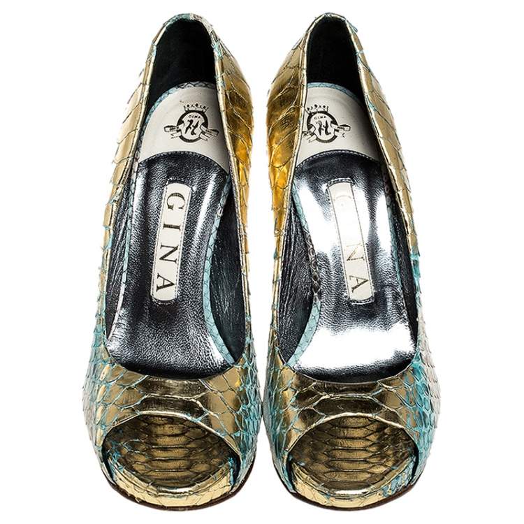 Pre Owned Gina Multicolor Python Peep Toe Platform Pumps Size 37