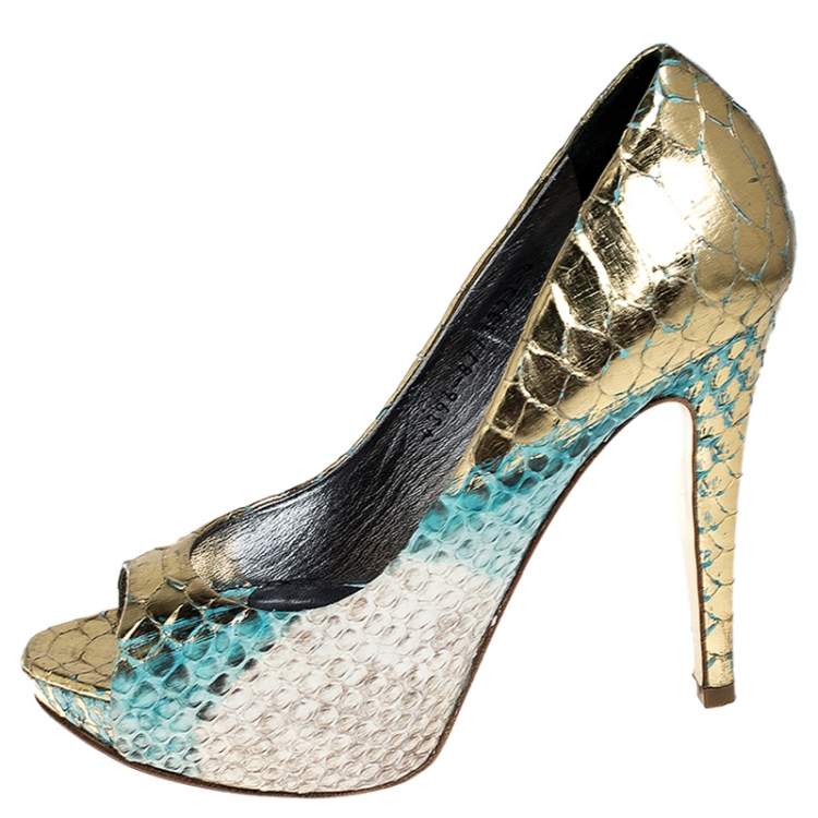 Pre Owned Gina Multicolor Python Peep Toe Platform Pumps Size 37