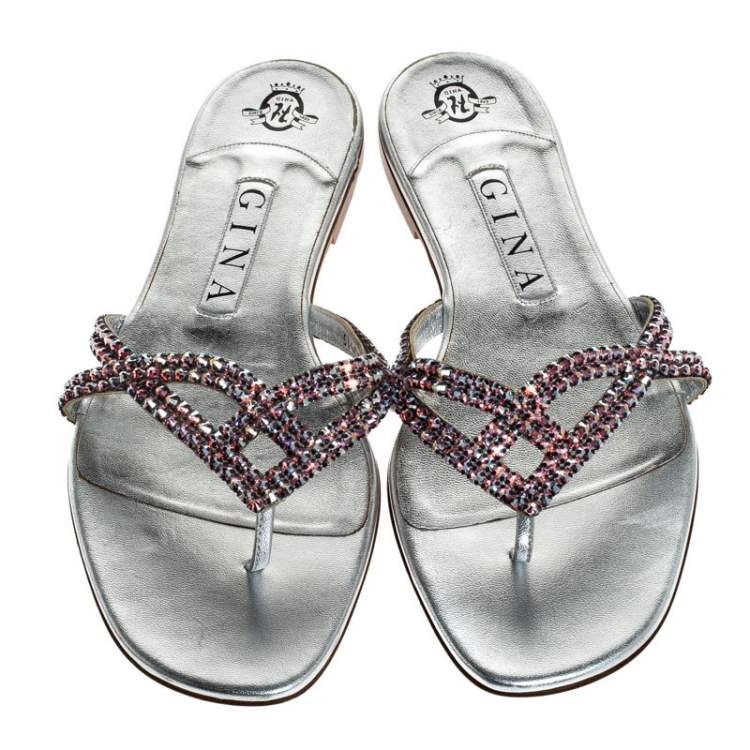 Pre Owned Gina Metallic Pink Crystal Embellished Leather Thong Flats Size 39