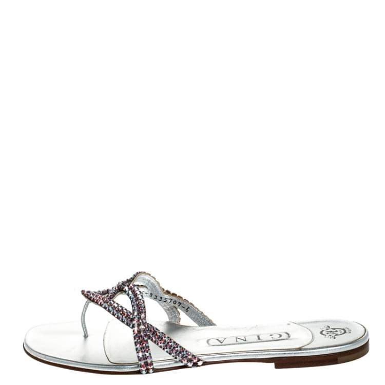 Pre Owned Gina Metallic Pink Crystal Embellished Leather Thong Flats Size 39