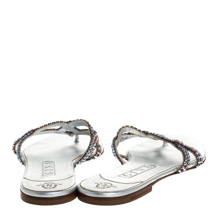 Pre Owned Gina Metallic Pink Crystal Embellished Leather Thong Flats Size 39