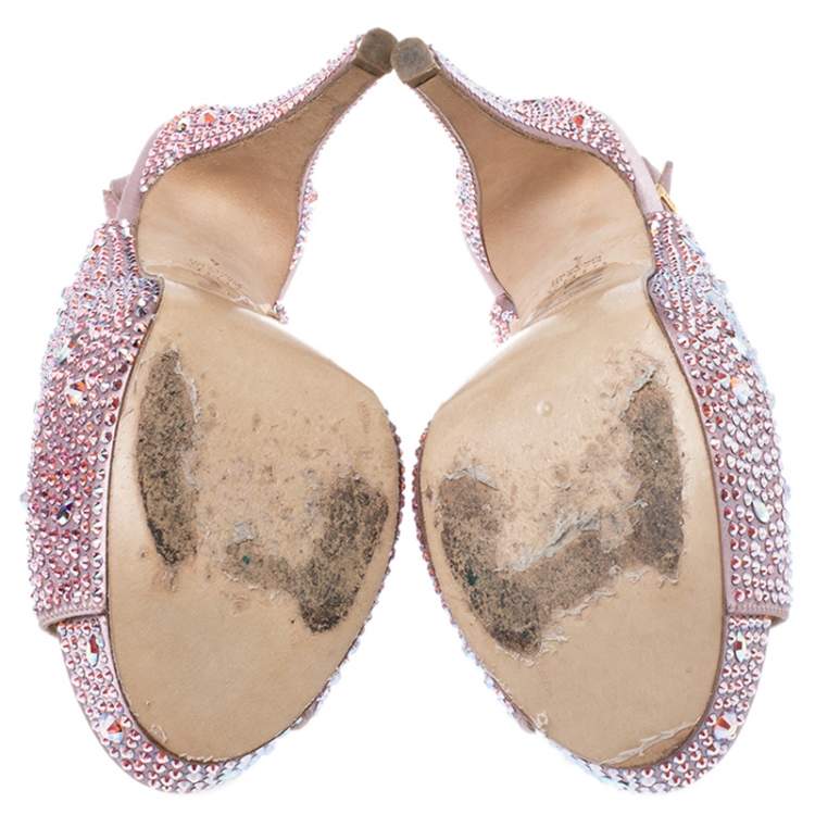 Pre Owned Gina Pink Satin Crystal Embellished Platform Peep Toe Slingback Sandals Size 37