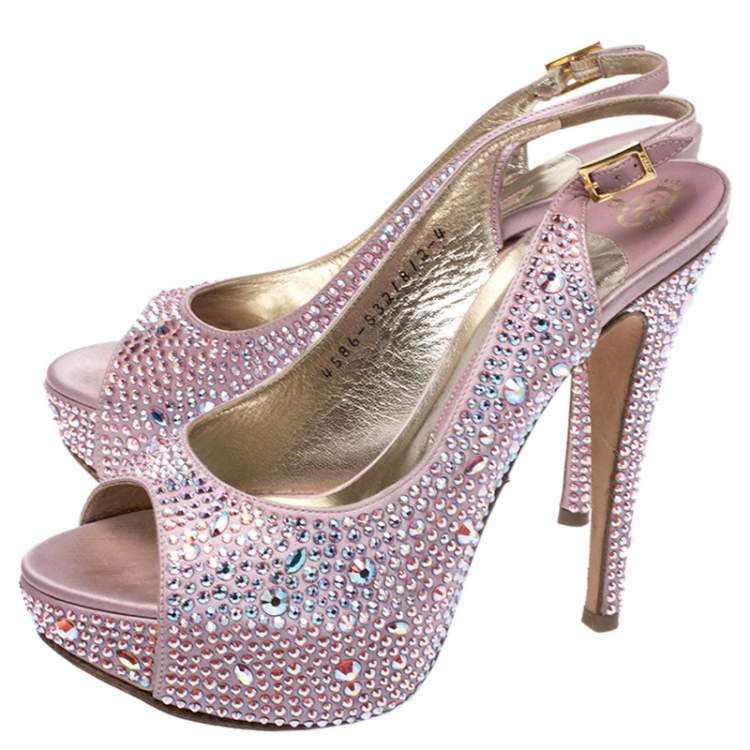 Pre Owned Gina Pink Satin Crystal Embellished Platform Peep Toe Slingback Sandals Size 37