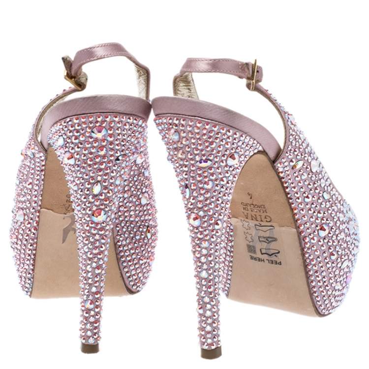 Pre Owned Gina Pink Satin Crystal Embellished Platform Peep Toe Slingback Sandals Size 37