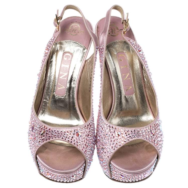 Pre Owned Gina Pink Satin Crystal Embellished Platform Peep Toe Slingback Sandals Size 37