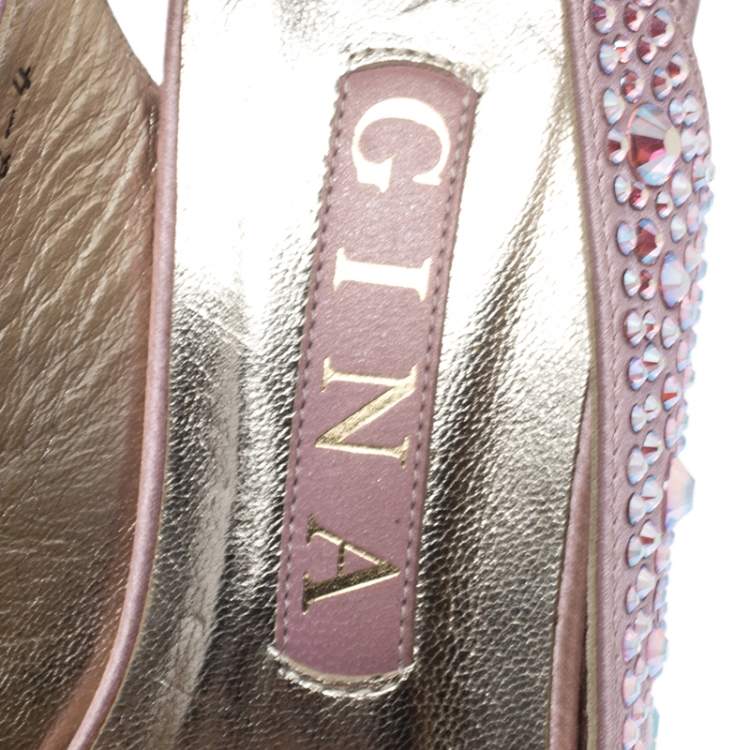 Pre Owned Gina Pink Satin Crystal Embellished Platform Peep Toe Slingback Sandals Size 37