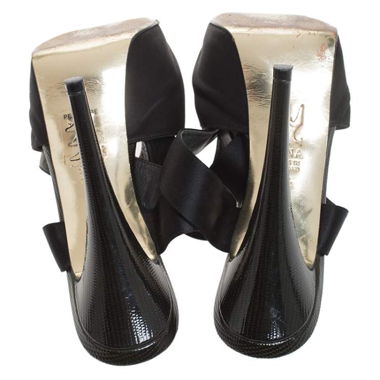 Pre Owned Gina Black Satin And Embossed Patent Leather Ankle Wrap Platform Sandals Size 38.5
