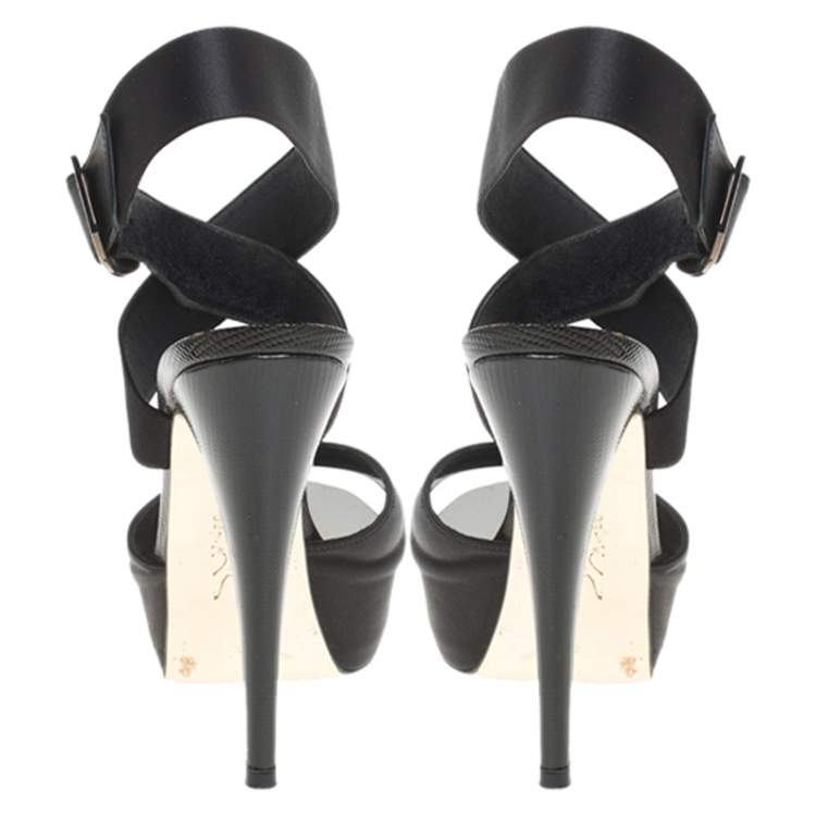Pre Owned Gina Black Satin And Embossed Patent Leather Ankle Wrap Platform Sandals Size 38.5