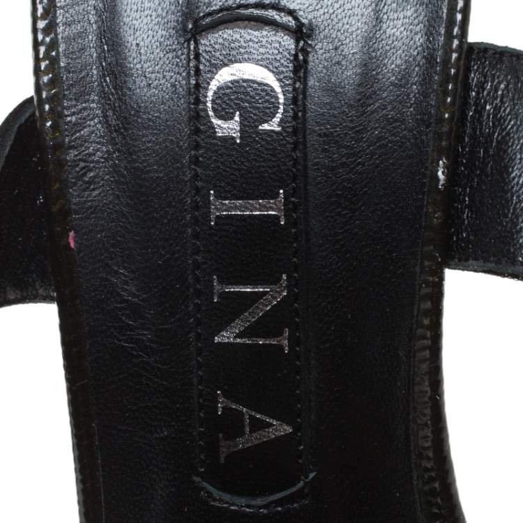 Pre Owned Gina Black Satin And Embossed Patent Leather Ankle Wrap Platform Sandals Size 38.5