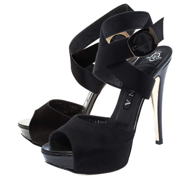Pre Owned Gina Black Satin And Embossed Patent Leather Ankle Wrap Platform Sandals Size 38.5