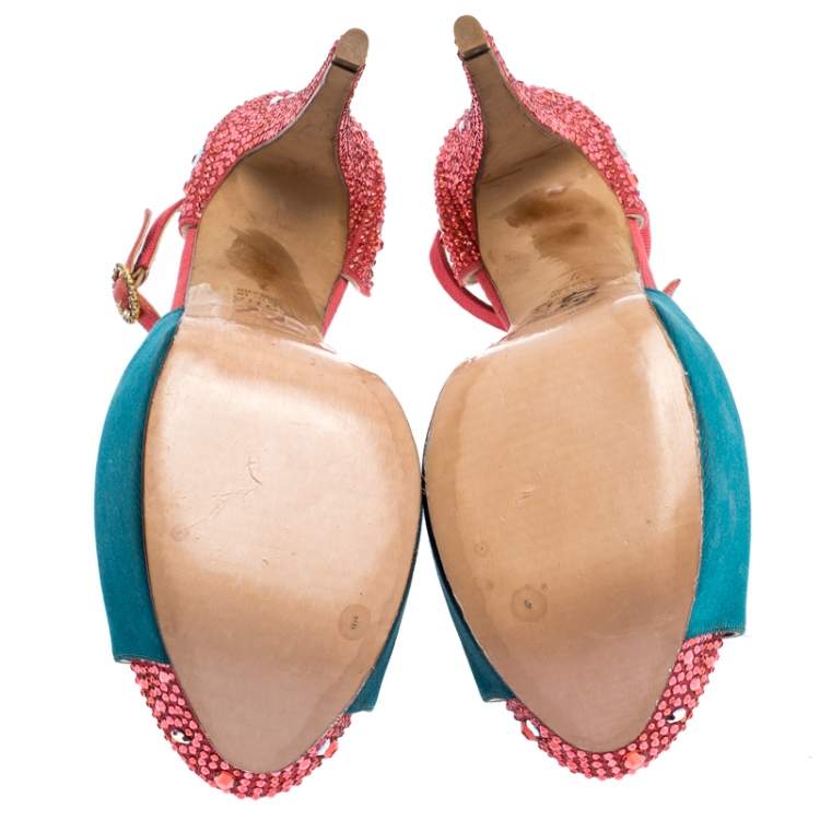 Pre Owned Gina Multicolor Satin And Crystal Embellished Canvas Destiny Platform Sandals Size 40