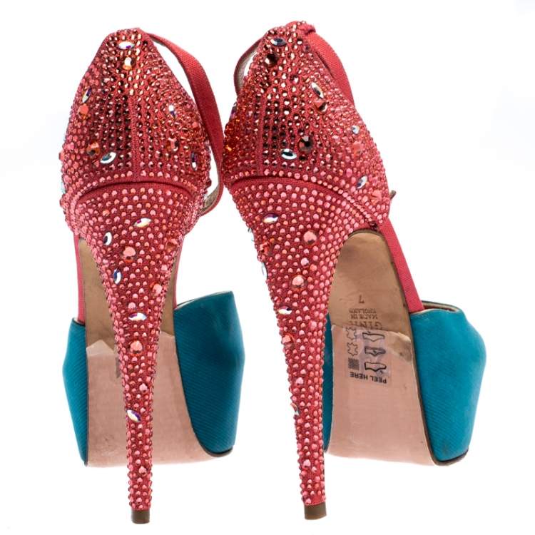 Pre Owned Gina Multicolor Satin And Crystal Embellished Canvas Destiny Platform Sandals Size 40