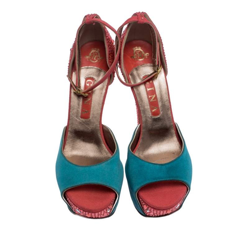Pre Owned Gina Multicolor Satin And Crystal Embellished Canvas Destiny Platform Sandals Size 40