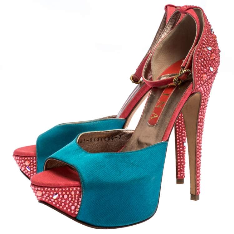 Pre Owned Gina Multicolor Satin And Crystal Embellished Canvas Destiny Platform Sandals Size 40