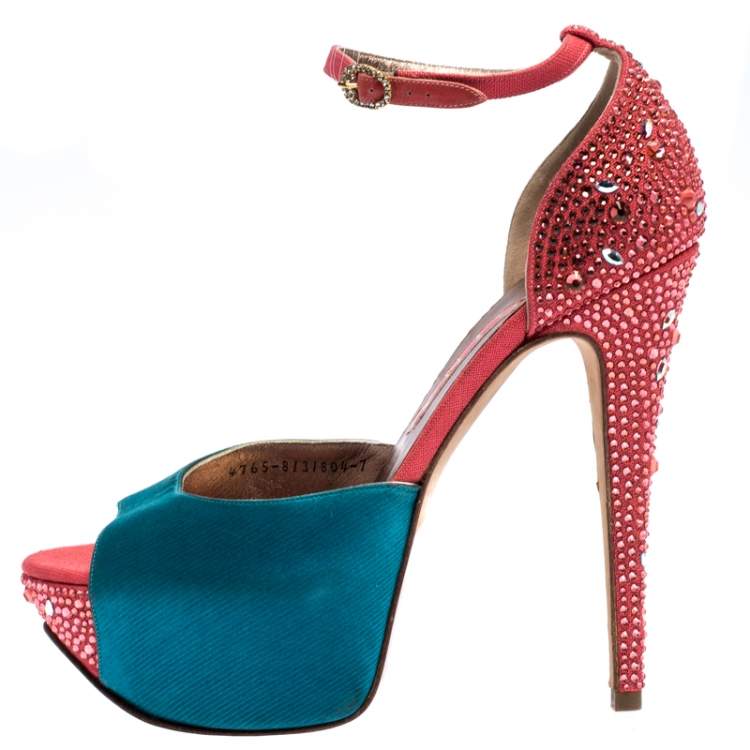 Pre Owned Gina Multicolor Satin And Crystal Embellished Canvas Destiny Platform Sandals Size 40