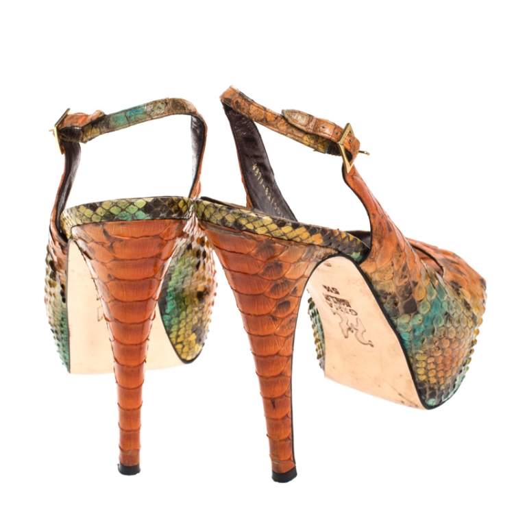 Pre Owned Gina Multicolor Python Leather Peep Toe Platform Slingback Sandals Size 38.5