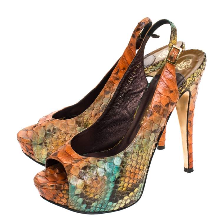 Pre Owned Gina Multicolor Python Leather Peep Toe Platform Slingback Sandals Size 38.5