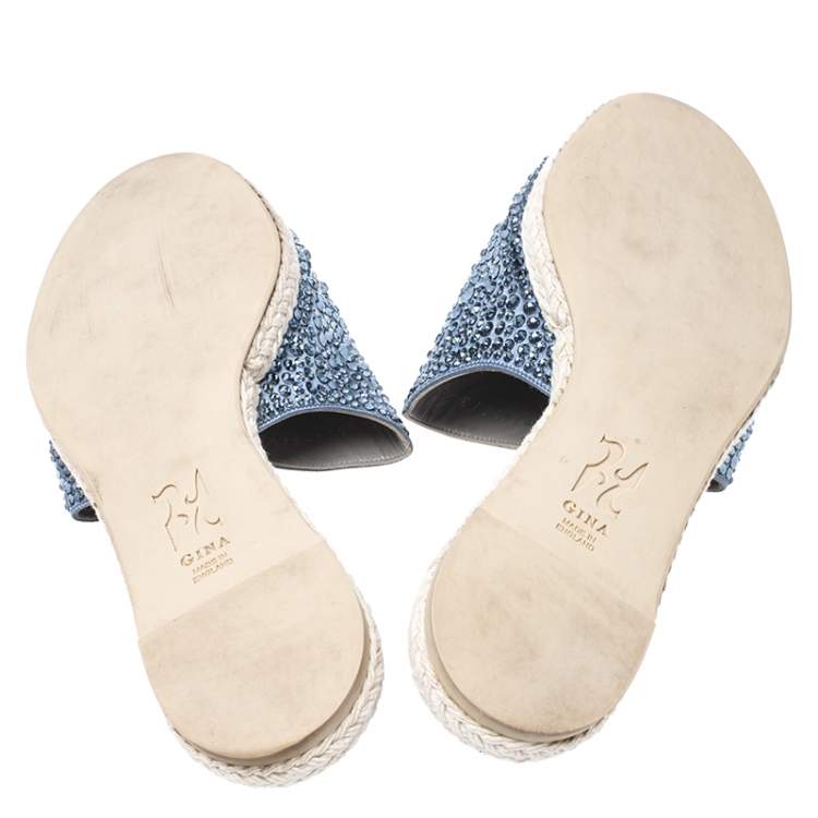 Pre Owned Gina Blue Crystal Embellished Satin Peep Toe Espadrille Flat Slides Size 38.5
