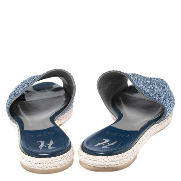 Pre Owned Gina Blue Crystal Embellished Satin Peep Toe Espadrille Flat Slides Size 38.5