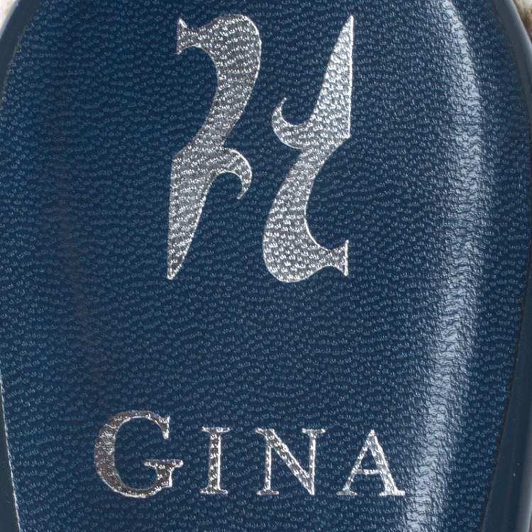 Pre Owned Gina Blue Crystal Embellished Satin Peep Toe Espadrille Flat Slides Size 38.5