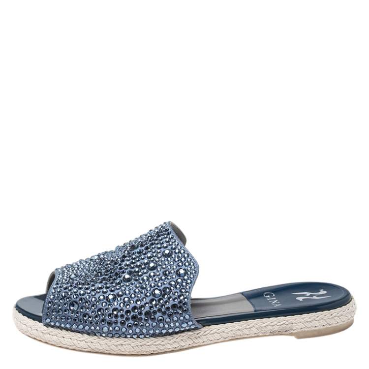 Pre Owned Gina Blue Crystal Embellished Satin Peep Toe Espadrille Flat Slides Size 38.5