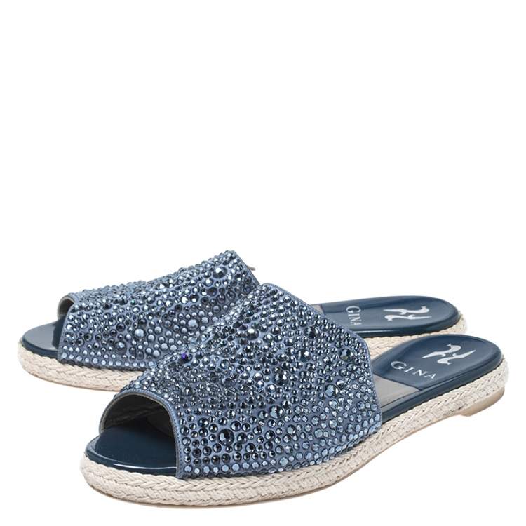 Pre Owned Gina Blue Crystal Embellished Satin Peep Toe Espadrille Flat Slides Size 38.5