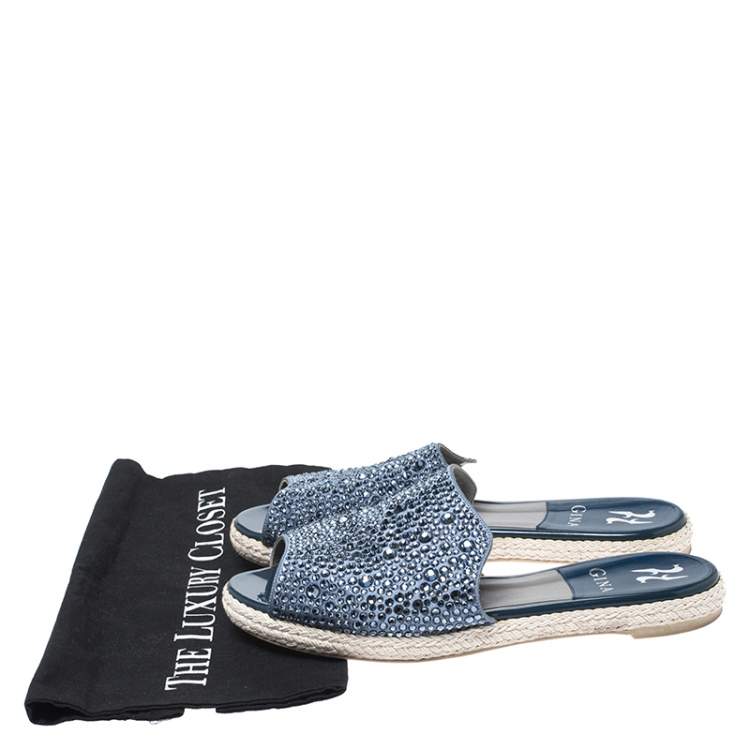 Pre Owned Gina Blue Crystal Embellished Satin Peep Toe Espadrille Flat Slides Size 38.5