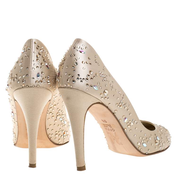 Pre Owned Gina Beige Satin Embellished Anny Pumps Size 38.5
