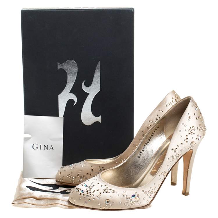 Pre Owned Gina Beige Satin Embellished Anny Pumps Size 38.5