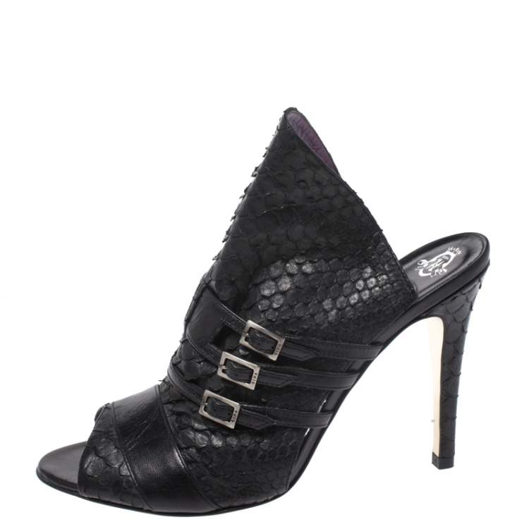 Pre Owned Gina Black Python and Leather Buckle Detail Peep Toe Mules Size 39