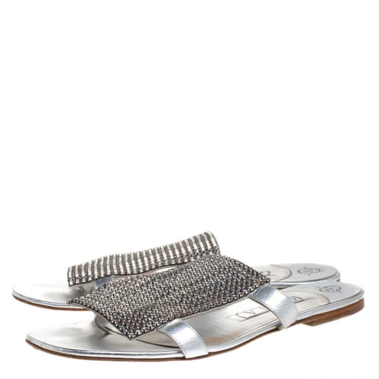 Pre Owned Gina Silver Crystal Embellished Leather Flat Slides Size 40