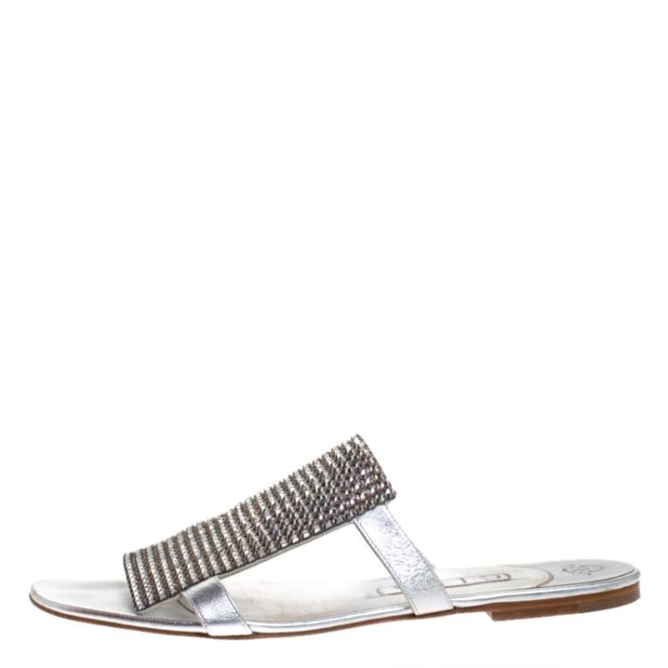Pre Owned Gina Silver Crystal Embellished Leather Flat Slides Size 40