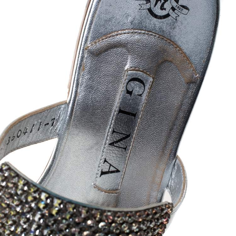 Pre Owned Gina Silver Crystal Embellished Leather Flat Slides Size 40
