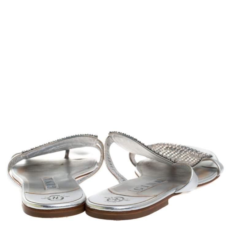 Pre Owned Gina Silver Crystal Embellished Leather Flat Slides Size 40