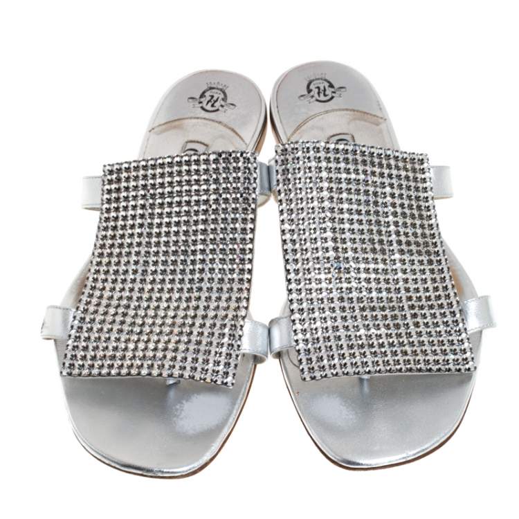 Pre Owned Gina Silver Crystal Embellished Leather Flat Slides Size 40