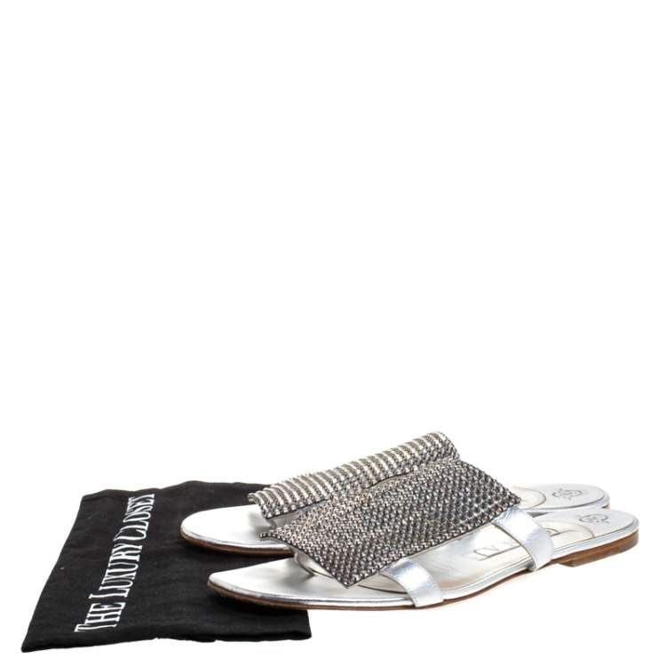 Pre Owned Gina Silver Crystal Embellished Leather Flat Slides Size 40