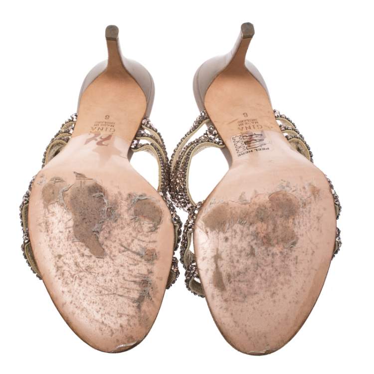 Pre Owned Gina Metallic Lilac Crystal Embellished Slides Size 39